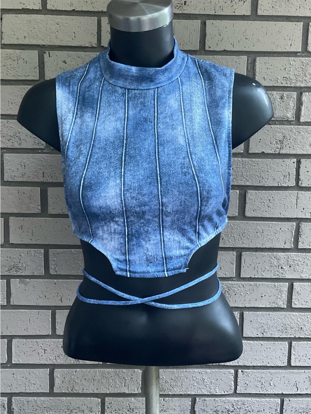 High-Neck Blue Denim-Effect Crop Top with Wrap Ties